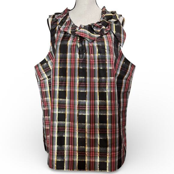 Talbots Plus Bow And Ruffle Neck Heritage Shell Blouse Celebrate Plaid Size 2X - Picture 2 of 14